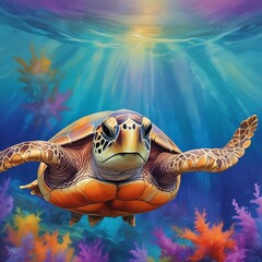  The image features a sea turtle swimming in the ocean. The turtle is depicted with a dark shell and a light brown body, and it is surrounded by a vibrant underwater coral reef.