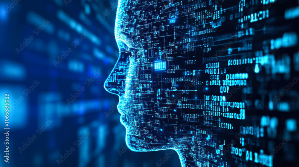 Poster digital representation of a human head with a binary code overlay in a futuristic setting
