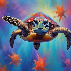  The image portrays a vibrant turtle soaring through a kaleidoscopic landscape, surrounded by autumn leaves.
