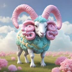  The image shows a sheep with pink and blue hair and a green and blue wig. It is standing in a field of flowers.