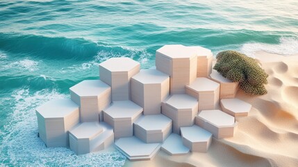 Isometric design of rotating hexagonal prisms, cool ocean blues and sandy tones 