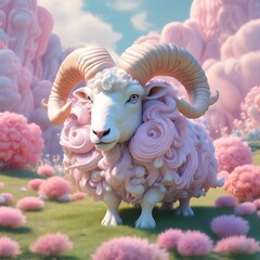  This is a digitally created image of a sheep with curly wool and large, curved horns, standing in a field of pink flowers.
