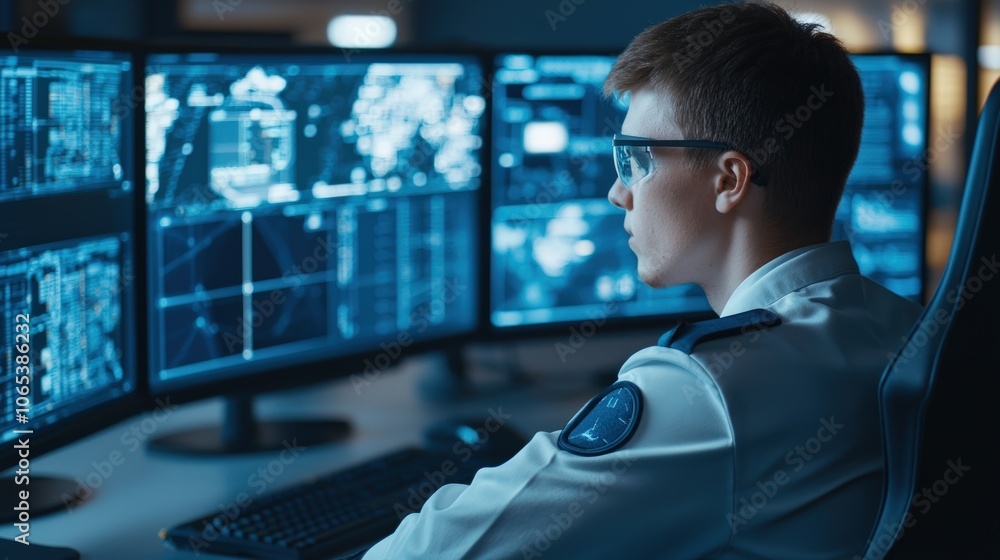 Poster security analyst monitors high-tech systems at control center