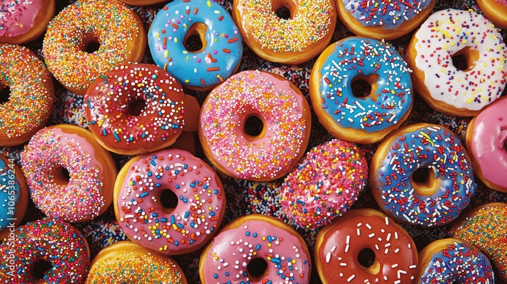 Poster A vibrant design featuring donuts with sprinkles and icing, arranged in a playful pattern for a fun sweets theme