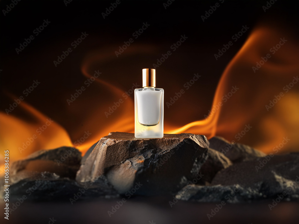 Poster a small bottle of perfume sits on a rocky surface with flames flaring behind it.