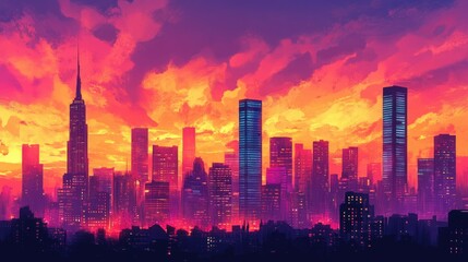 Fototapeta premium A vibrant urban skyline under a dramatic sunset glow, with skyscrapers silhouetted against a colorful sky