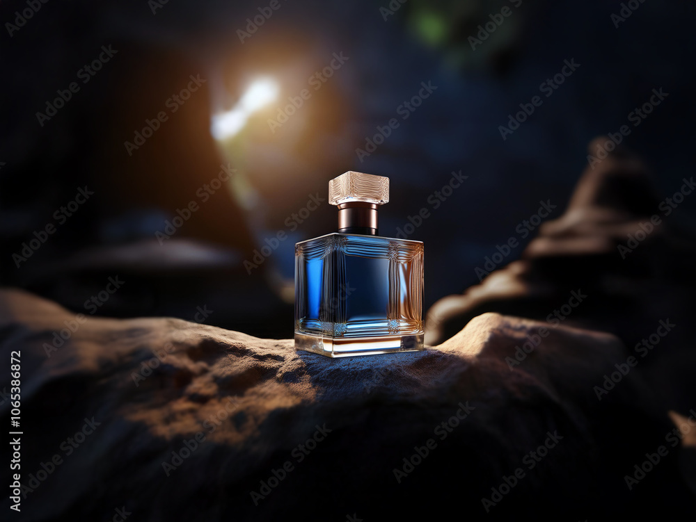 Poster A single bottle of perfume sits atop a rock, illuminated by a warm light. The background is out of focus, creating a mysterious and alluring atmosphere.