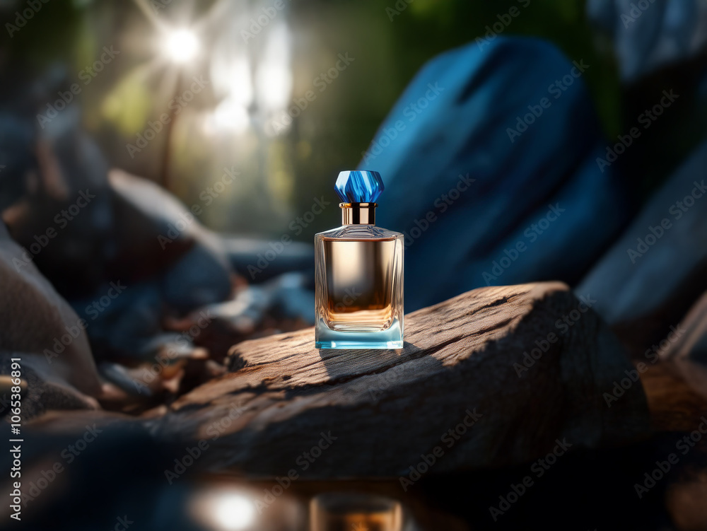 Poster a perfume bottle with a blue cap sits on a rock in a forest setting. the sun shines brightly through