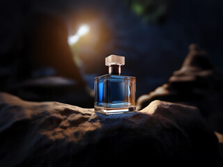 A single bottle of perfume sits atop a rock, illuminated by a warm light. The background is out of focus, creating a mysterious and alluring atmosphere.