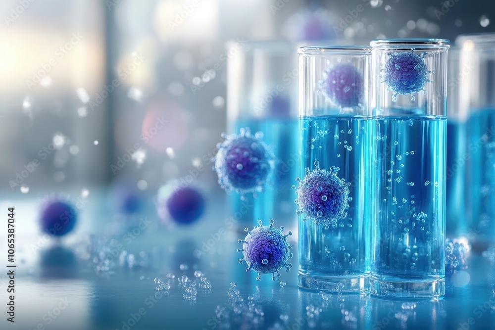 Aufkleber blue liquid in test tubes with floating viruses captured in a laboratory setting during daytime