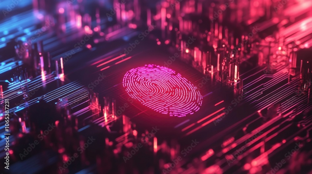 Poster Abstract fingerprint scan over circuit background, tech security and identity protection visualization