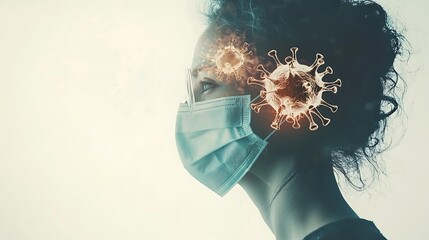 Woman Wearing a Face Mask with Coronavirus Particles Around Her Head.