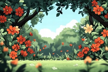 Enchanting garden scene with vibrant flowers and lush foliage under a clear blue sky