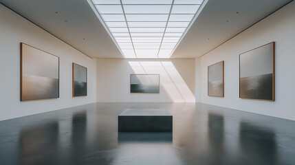 Minimalist Art Gallery With Natural Light: Spacious Room Featuring Large Monochromatic Paintings On White Walls, Illuminated By Sunlight Through A Skylight Ceiling, Creating A Serene And Reflective At