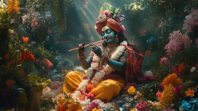 An image of Lord Krishna as Nandlala, playing his flute, adorned with flowers and vibrant garments