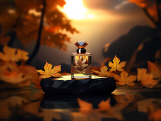 A glass bottle of perfume rests on a black rock, surrounded by fallen autumn leaves. The setting sun casts an orange glow over the scene.