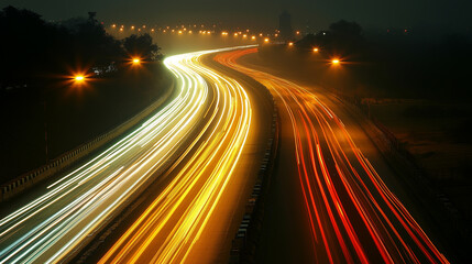  long exposure shot of red and yellow car lights on a highway at night