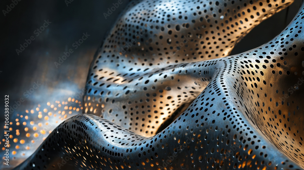 Poster intricate metal design featuring perforated patterns illuminated by warm light in an artistic instal