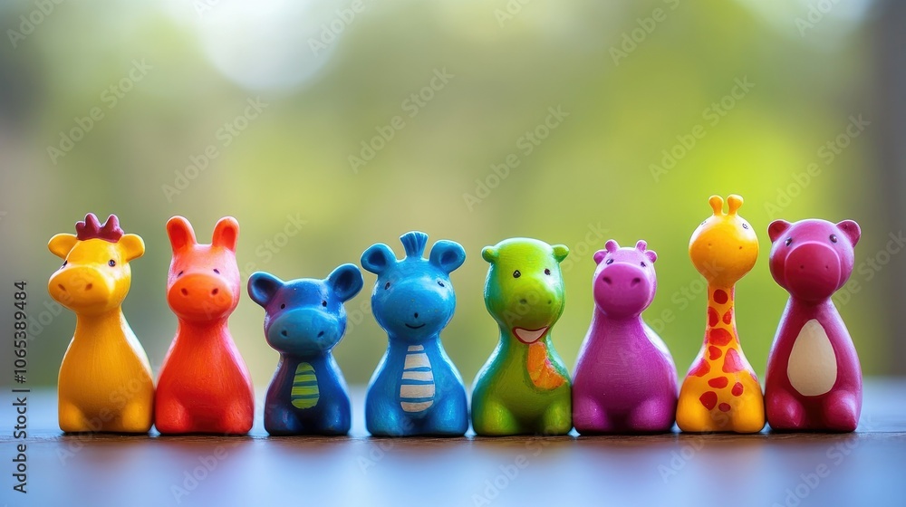 Poster brightly colored animal figurines lined up side-by-side, creating a joyful and lively display