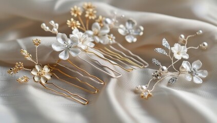 Elegant closeup of luxurious hair pins with flowers and pearls