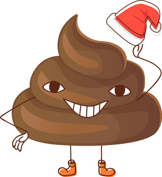 recommend clip art: Christmas poop character in santa costume with sneaky face. Sarcastic shit character. Kawaii smiling brown heap emoji. Old school cartoon design vector clip art isolated on white background.