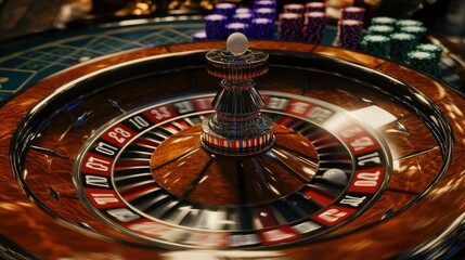 Roulette wheel with ball in motion, poker chips in vibrant colors stacked nearby, capturing the excitement of the game.