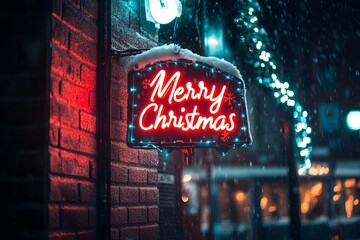 A vibrant neon "Merry Christmas" sign glows against a snowy backdrop, capturing the festive spirit of the holiday season.