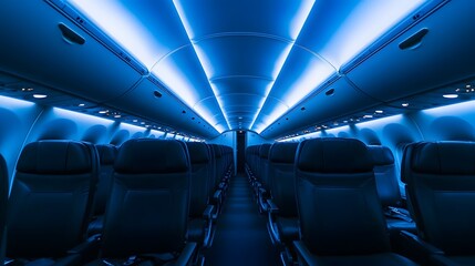 A modern airplane interior featuring sleek rows of seats illuminated by ambient blue lighting.