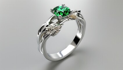 Elegant white gold ring featuring emerald, inspired by leaves and vines