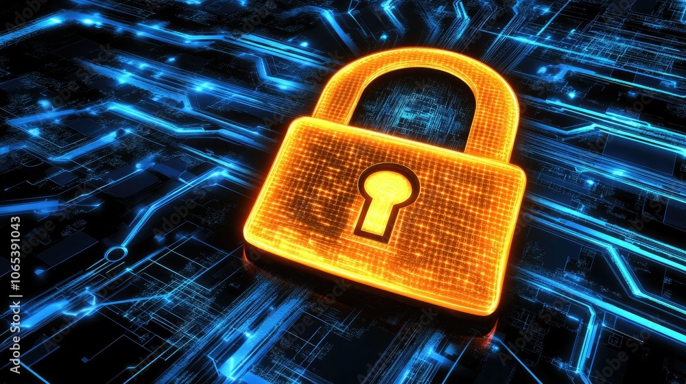 Poster Close-up of glowing padlock icon surrounded by network lines and matrix code, high-tech security theme