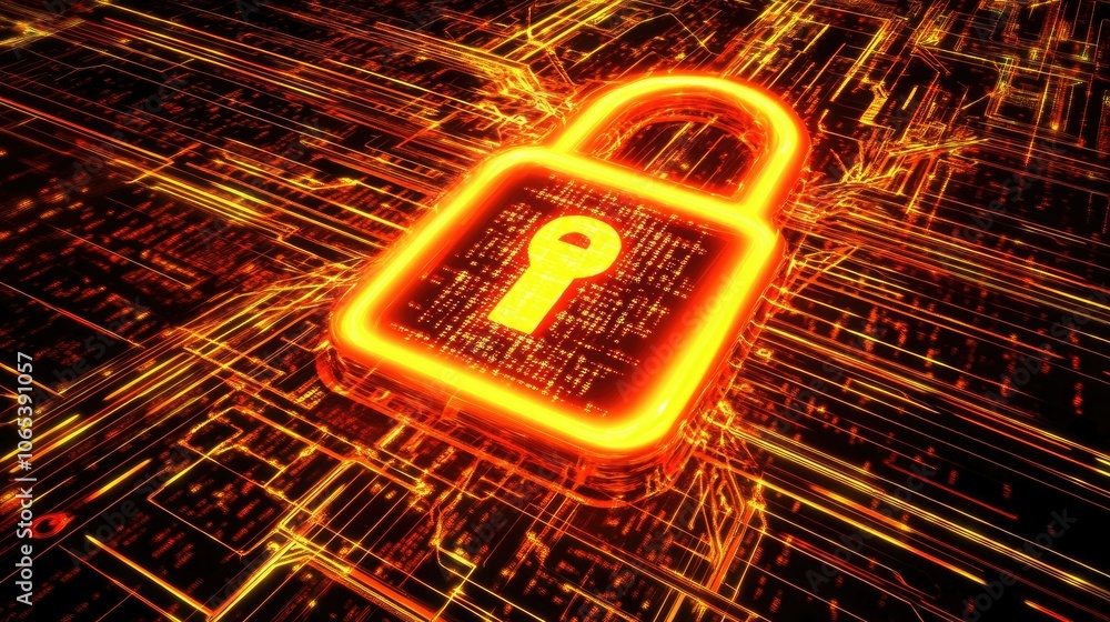 Poster Close-up of glowing padlock icon surrounded by network lines and matrix code, high-tech security theme