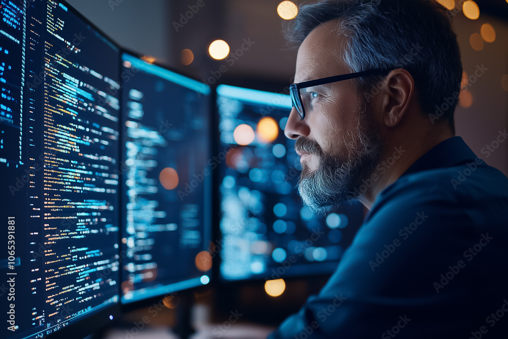 Poster a focused programmer examines lines of code on large monitors in a softly lit office environment dur
