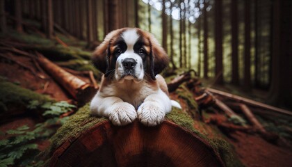 Bernhardiner chillt auf Baumstamm