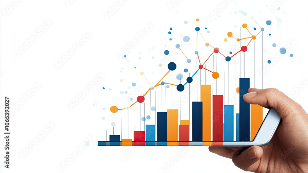 Poster hand gripping smartphone displaying colorful digital marketing graphs and charts, illustrating data 