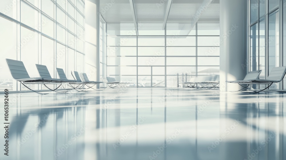 Poster sunlight streams through large windows in a modern airport waiting area, casting a bright glow on em