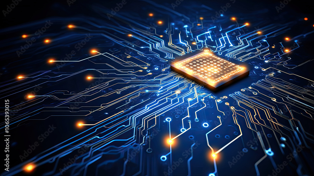Poster close up view of microchip surrounded by glowing circuit patterns, showcasing technology and innovat