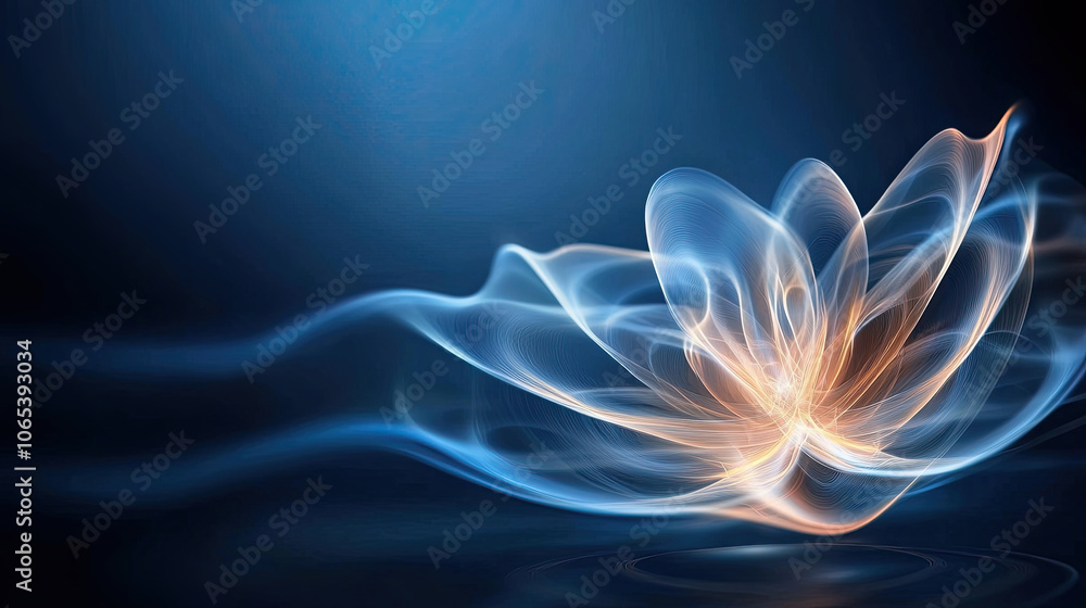 Poster mesmerizing abstract design featuring flowing light patterns resembling flower, evoking sense of tra