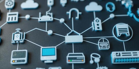 A close-up shot of various network topology LAN objects icons including router, server, networking hardware, and switch, LAN objects