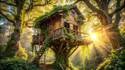 Obraz premium A forgotten haven: An abandoned treehouse, captured through the lens of urban exploration.