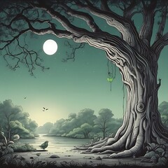  The image depicts a magical forest scene at night, with a large, gnarled tree as the central focus. It features a full moon, a river, a bird's nest, and a small light hanging from the tree.