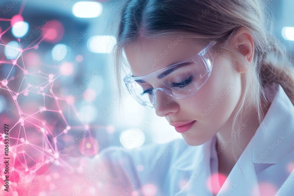 Poster young scientist in a lab examining samples with advanced technology during a research session