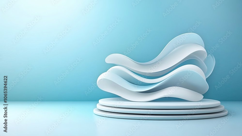 Poster dynamic abstract sculpture with flowing shapes in serene blue setting, creating sense of calm and mo