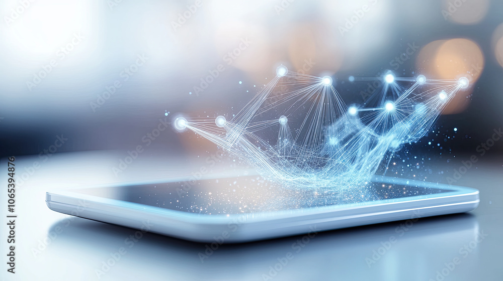 Poster sleek smartphone displaying holographic network effect, symbolizing technology and connectivity. glo