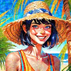  The image is a digital artwork of a smiling girl wearing a straw hat, standing on a beach with palm trees in the background.