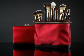 Professional makeup brushes in red cosmetic bag on reflective surface