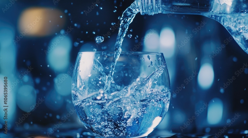 Poster fresh water splashing as it poured from bottle into glass, elegant and refreshing on vivid blue back