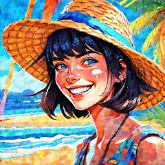  This image features a smiling woman wearing a straw hat and a colorful top, standing on a sandy beach with a tropical ocean view and palm trees in the background.
