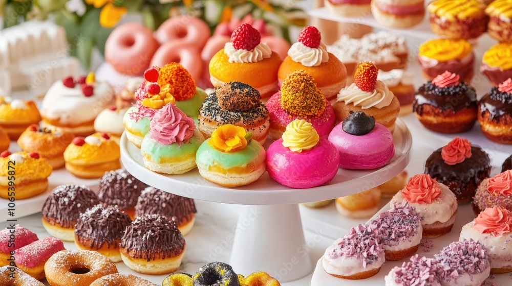 Poster Fun and colorful assortment of donuts with various toppings, creating an eye-catching sweets display