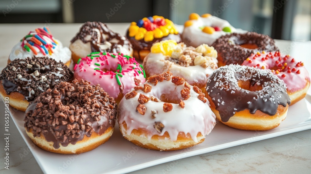 Poster Fun and colorful assortment of donuts with various toppings, creating an eye-catching sweets display