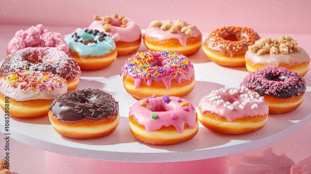Poster Fun and colorful assortment of donuts with various toppings, creating an eye-catching sweets display